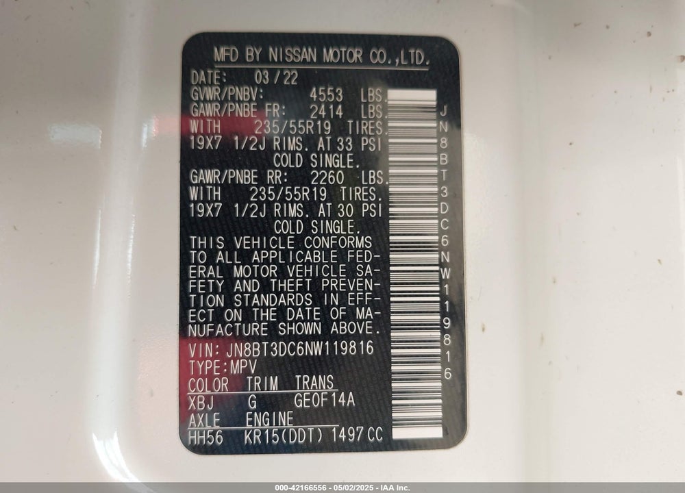 2022 NISSAN ROGUE PLATINUM FWD VIN: JN8BT3DC6NW119816