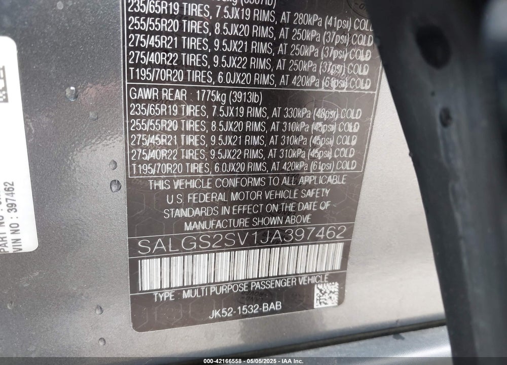 2018 LAND ROVER RANGE ROVER VIN: SALGS2SV1JA397462