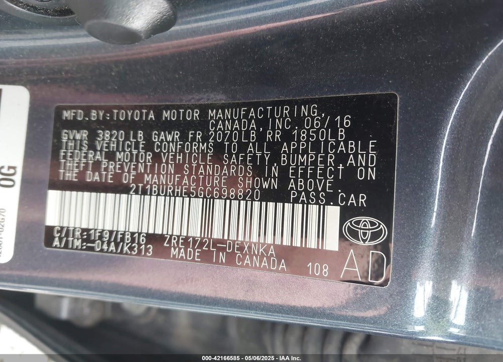 2016 TOYOTA COROLLA LE VIN: 2T1BURHE5GC698820