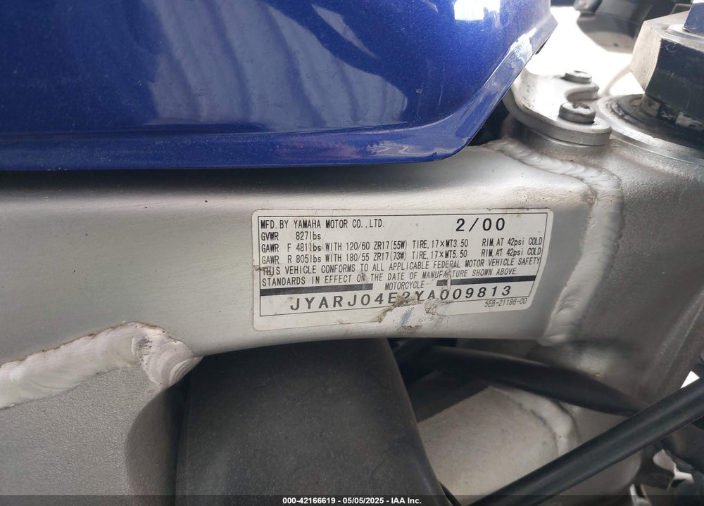 2000 YAMAHA YZFR6 L VIN: JYARJ04E2YA009813