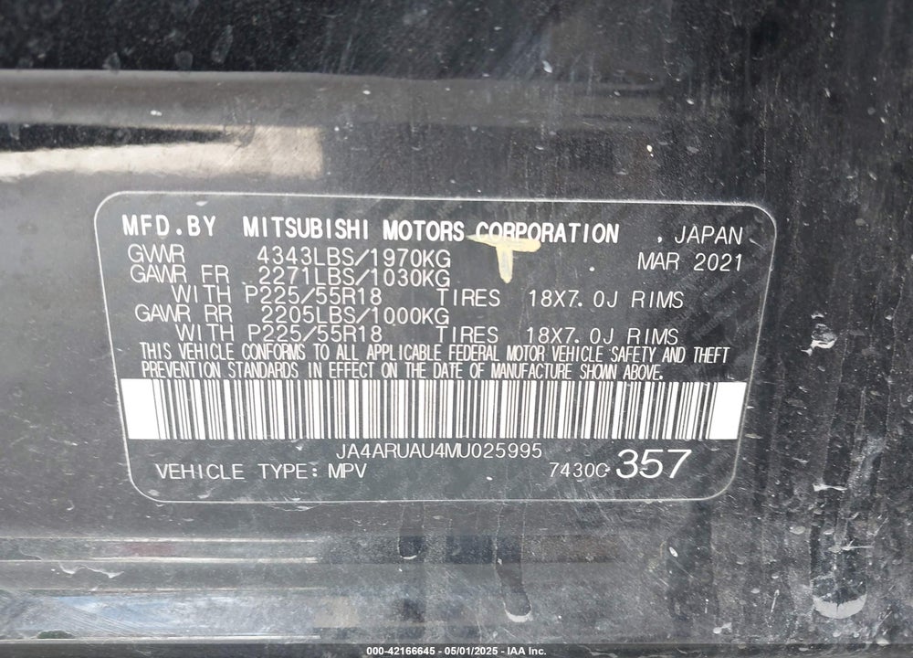 2021 MITSUBISHI OUTLANDER SPORT VIN: JA4ARUAU4MU025995