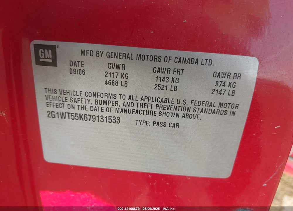 2007 CHEVROLET IMPALA VIN: 2G1WT55K679131533