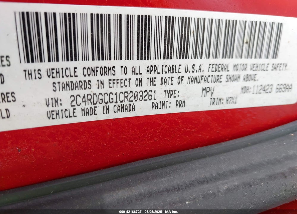 2012 DODGE GRAND CARAVAN SXT VIN: 2C4RDGCG1CR203261