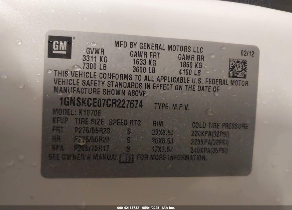 2012 CHEVROLET TAHOE LTZ VIN: 1GNSKCE07CR227674