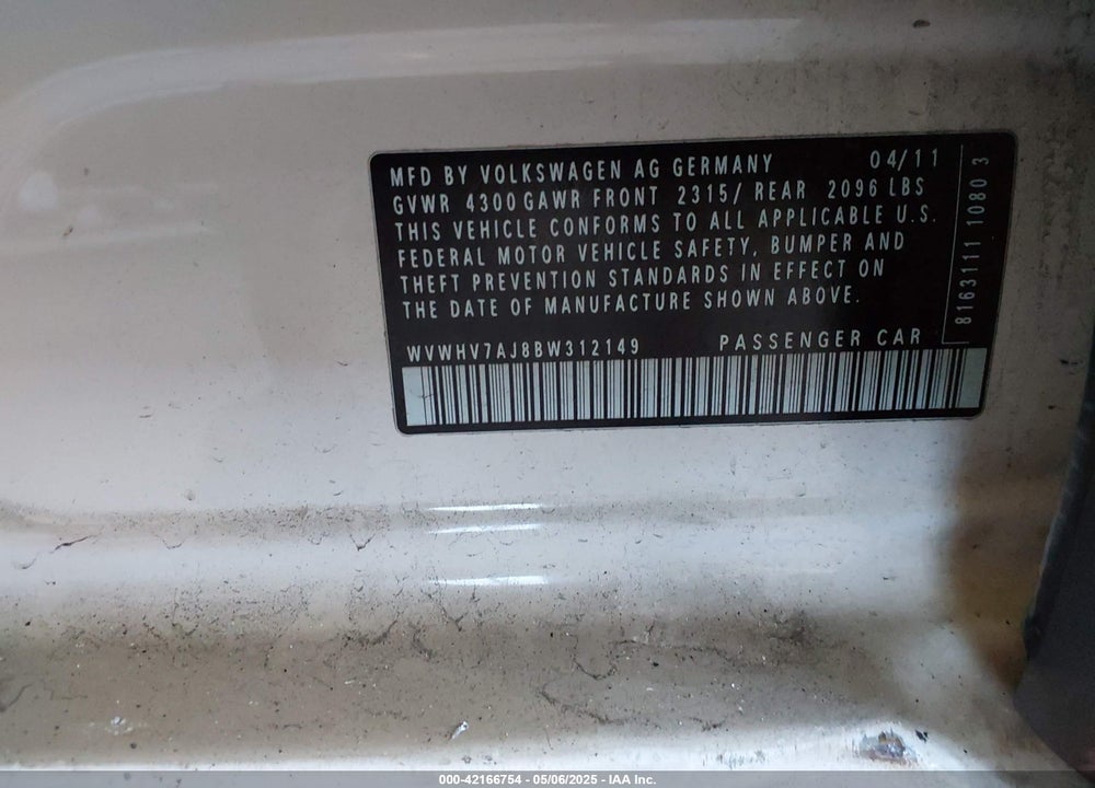2011 VOLKSWAGEN GTI 4-DOOR AUTOBAHN VIN: WVWHV7AJ8BW312149