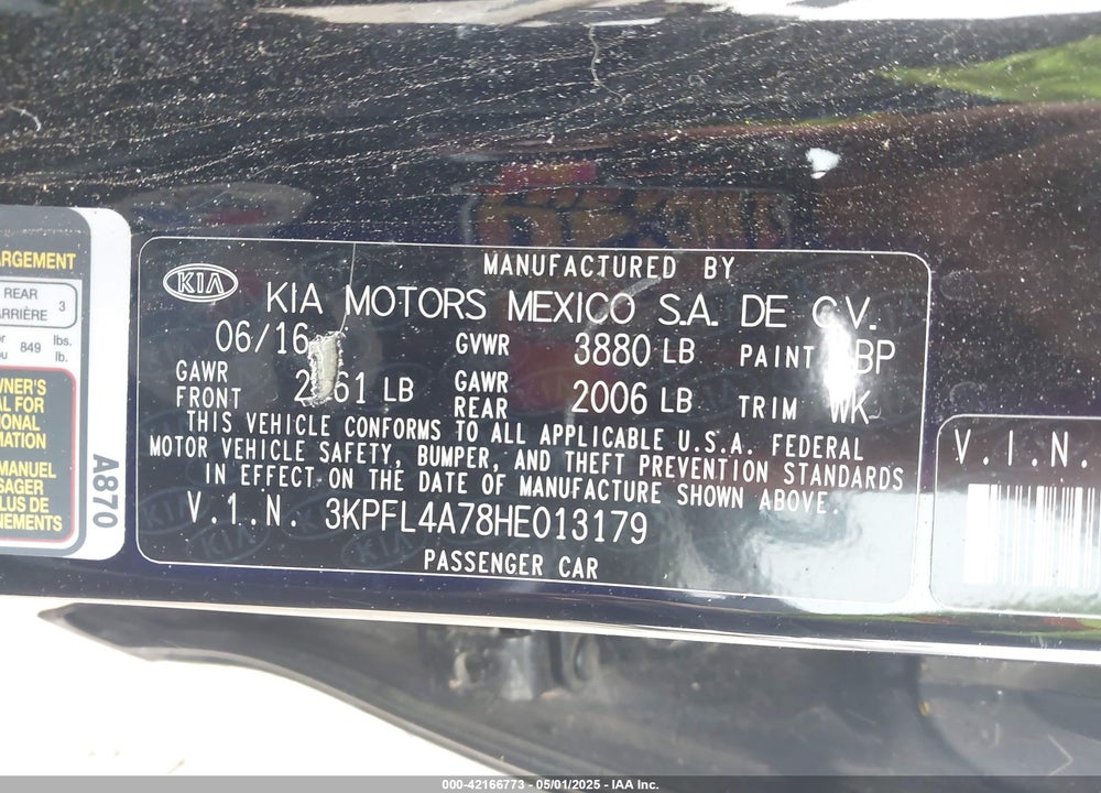 2017 KIA FORTE VIN: 3KPFL4A78HE013179