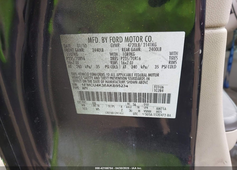 2010 FORD ESCAPE HYBRID LIMITED VIN: 1FMCU4K38AKB95234