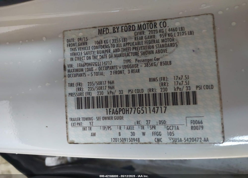 2016 FORD FUSION VIN: 1FA6P0H77G5114717