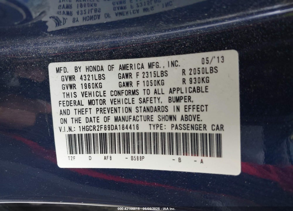 2013 HONDA ACCORD VIN: 1HGCR2F89DA184416