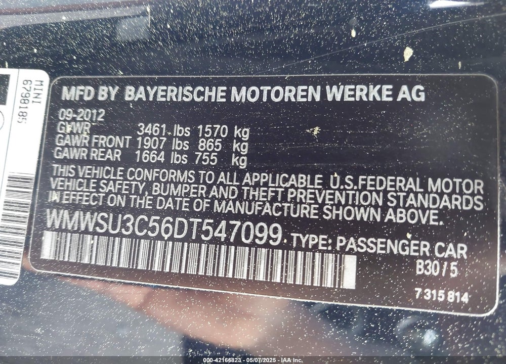 2013 MINI HARDTOP VIN: WMWSU3C56DT547099