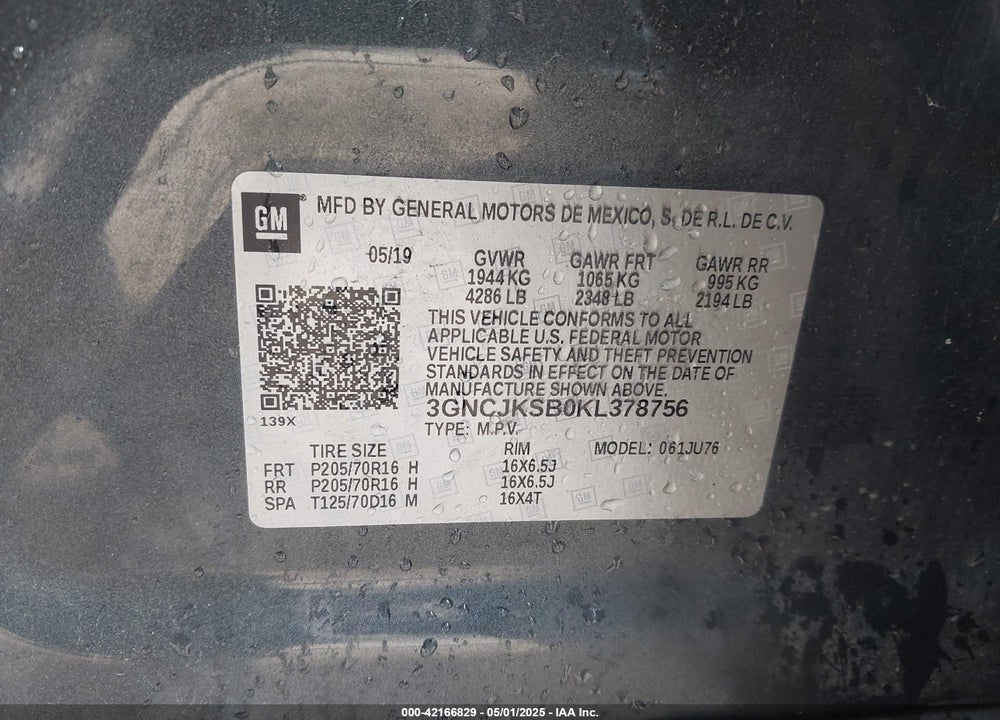 2019 CHEVROLET TRAX VIN: 3GNCJKSB0KL378756