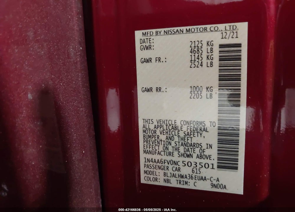2022 NISSAN MAXIMA VIN: 1N4AA6FV0NC503501