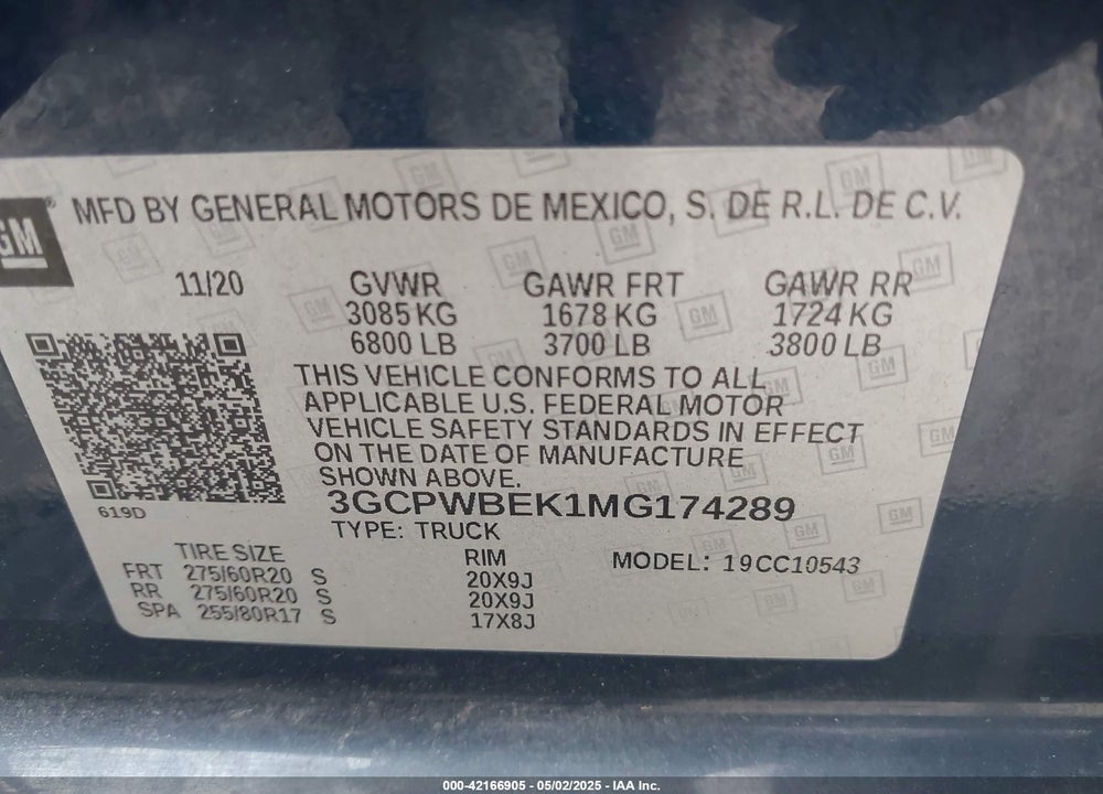 2021 CHEVROLET SILVERADO 1500 VIN: 3GCPWBEK1MG174289