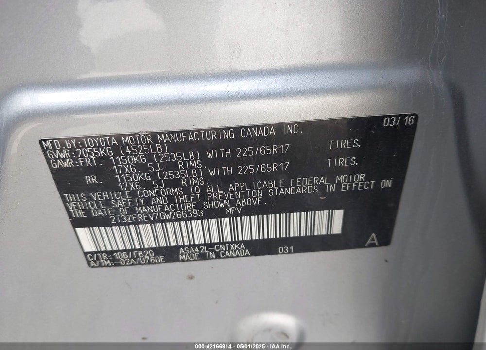 2016 TOYOTA RAV4 VIN: 2T3ZFREV7GW266393