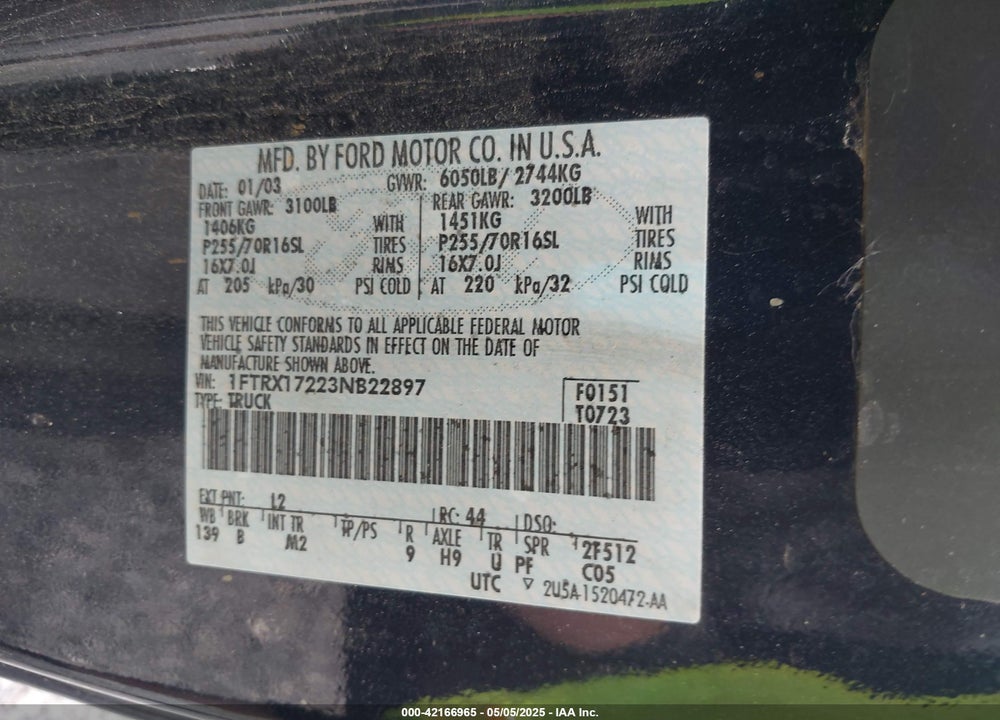 2003 FORD F-150 XL/XLT VIN: 1FTRX17223NB22897