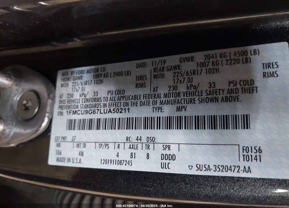 2020 FORD ESCAPE VIN: 1FMCU9G67LUA50211