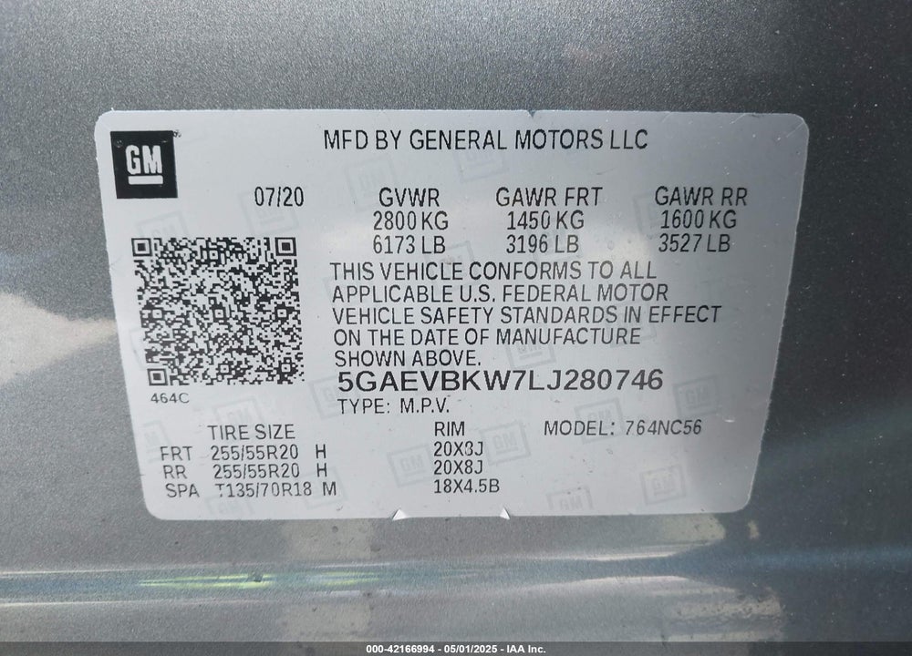 2020 BUICK ENCLAVE VIN: 5GAEVBKW7LJ280746