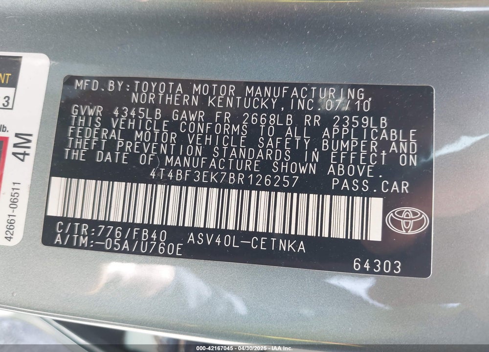 2011 TOYOTA CAMRY LE VIN: 4T4BF3EK7BR126257