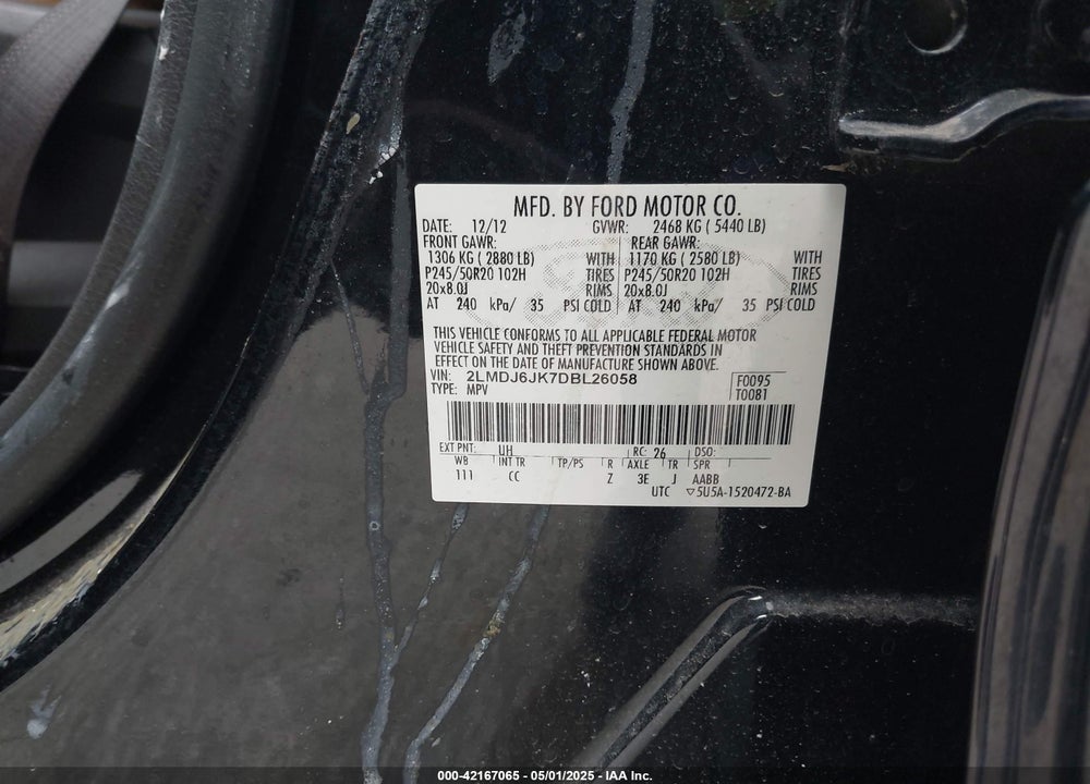 2013 LINCOLN MKX VIN: 2LMDJ6JK7DBL26058