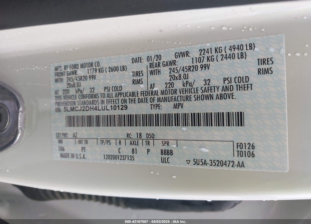 2020 LINCOLN CORSAIR VIN: 5LMCJ2DH4LUL10129