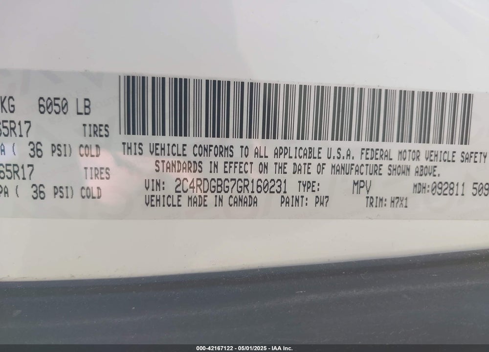 2016 DODGE GRAND CARAVAN SE VIN: 2C4RDGBG7GR160231
