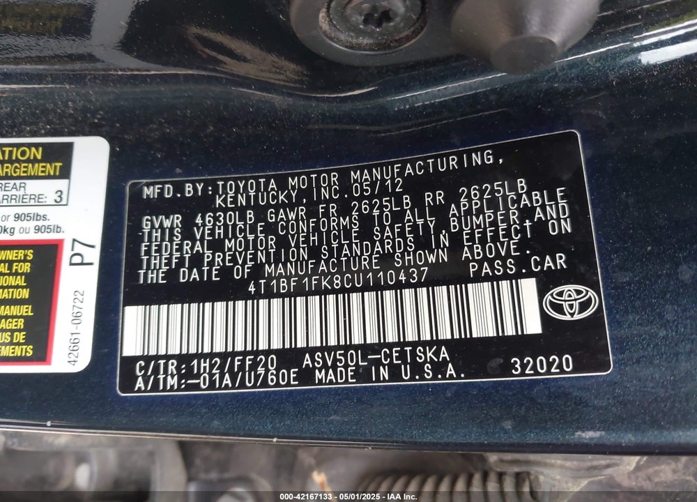 2012 TOYOTA CAMRY VIN: 4T1BF1FK8CU110437