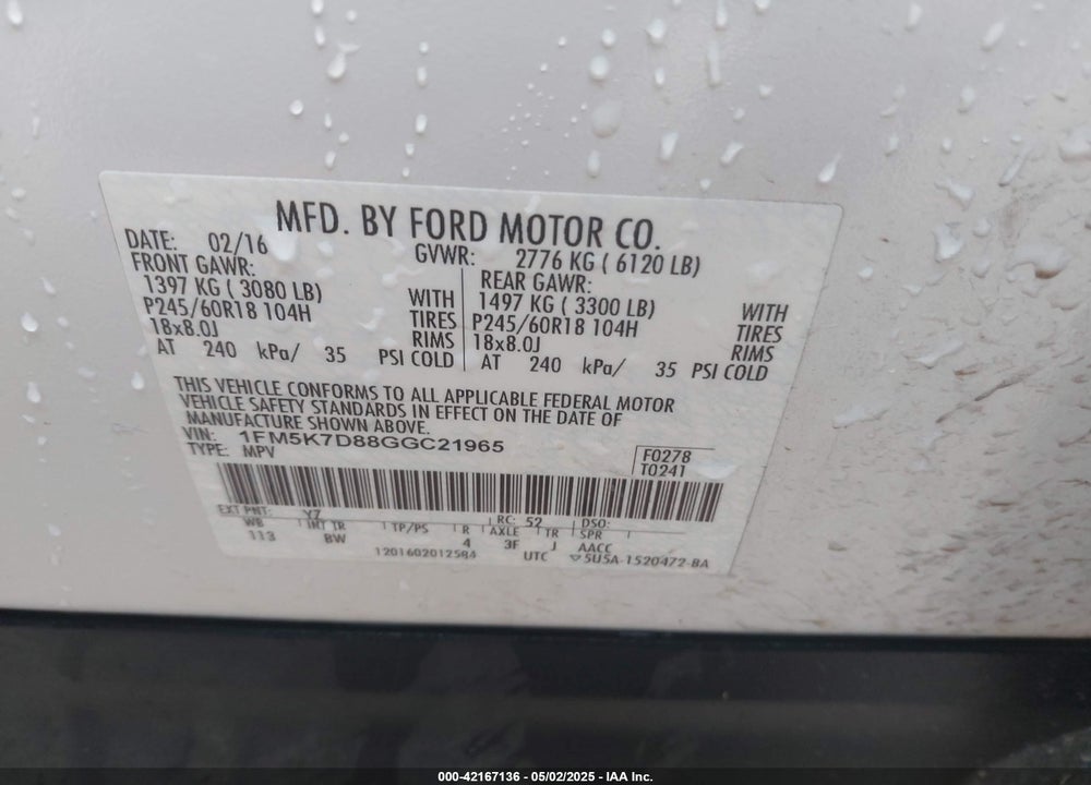 2016 FORD EXPLORER VIN: 1FM5K7D88GGC21965