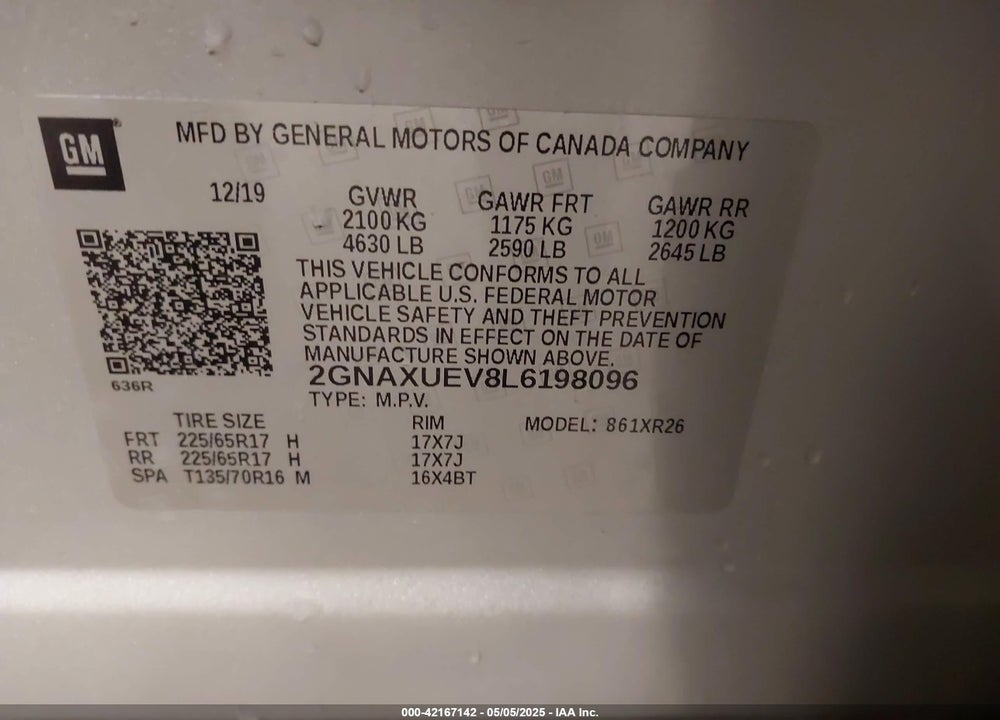 2020 CHEVROLET EQUINOX VIN: 2GNAXUEV8L6198096