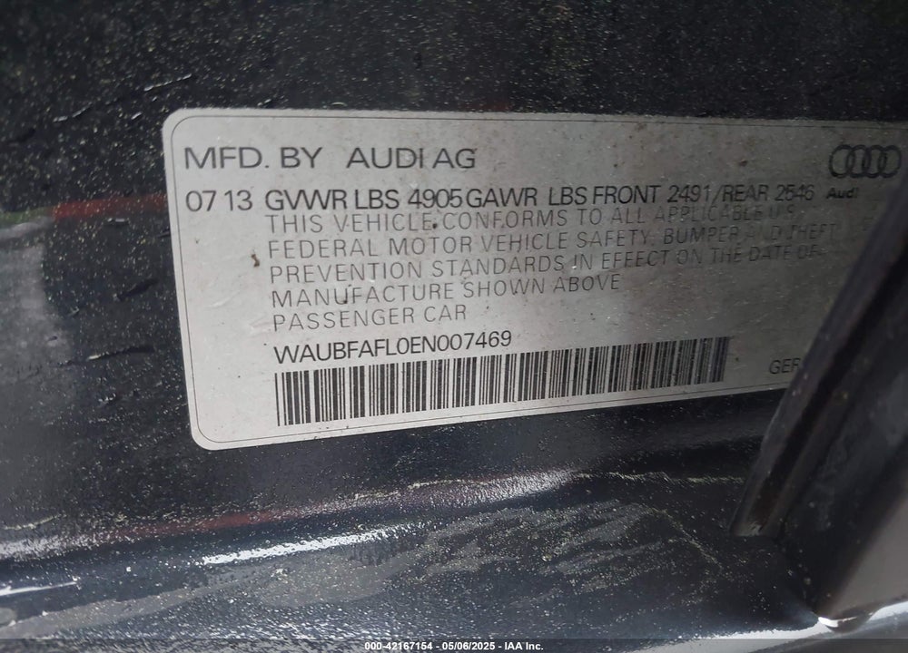 2014 AUDI A4 VIN: WAUBFAFL0EN007469