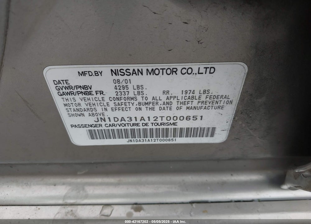 2002 NISSAN MAXIMA VIN: JN1DA31A12T000651
