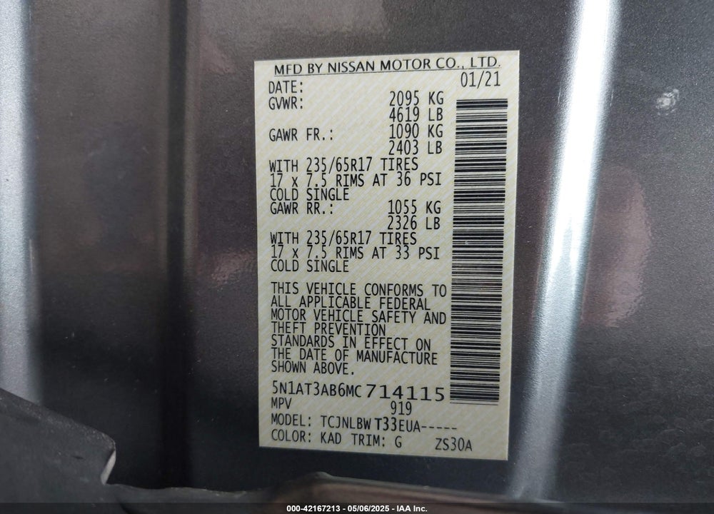 2021 NISSAN ROGUE VIN: 5N1AT3AB6MC714115