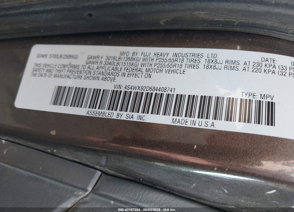 2008 SUBARU TRIBECA LIMITED 5-PASSENGER VIN: 4S4WX92D684408741