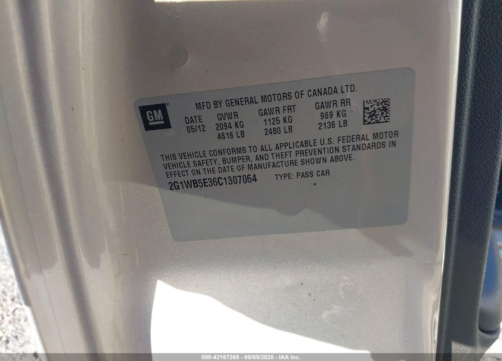 2012 CHEVROLET IMPALA VIN: 2G1WB5E36C1307064