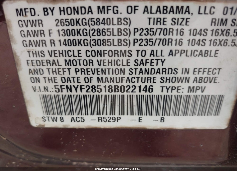 2008 HONDA PILOT EX-L VIN: 5FNYF28518B022146
