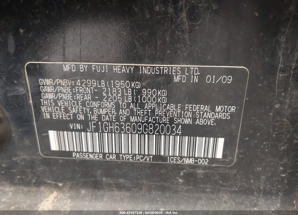 2009 SUBARU IMPREZA OUTBACK SPORT VIN: JF1GH63609G820034