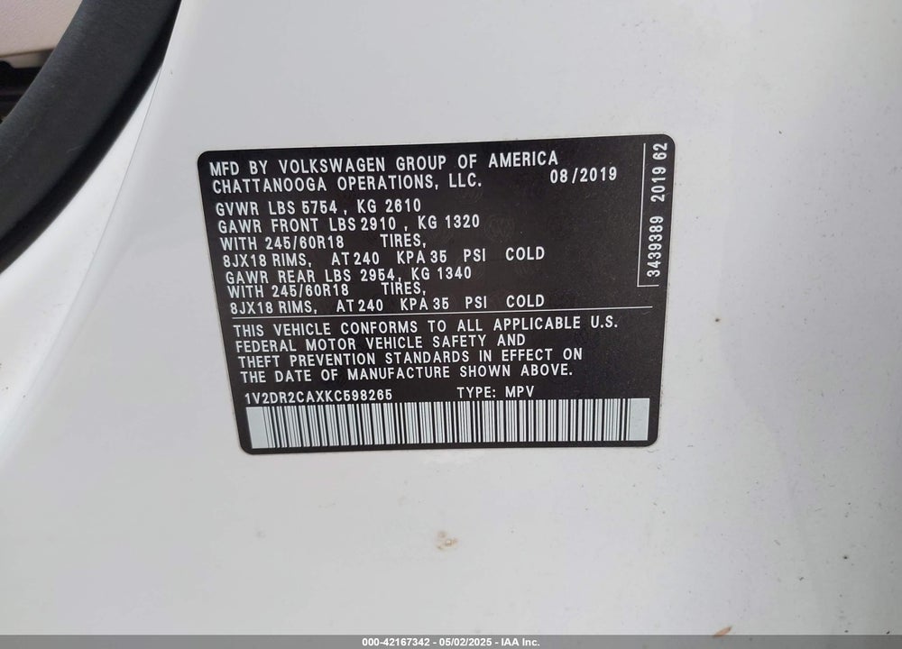 2019 VOLKSWAGEN ATLAS VIN: 1V2DR2CAXKC598265
