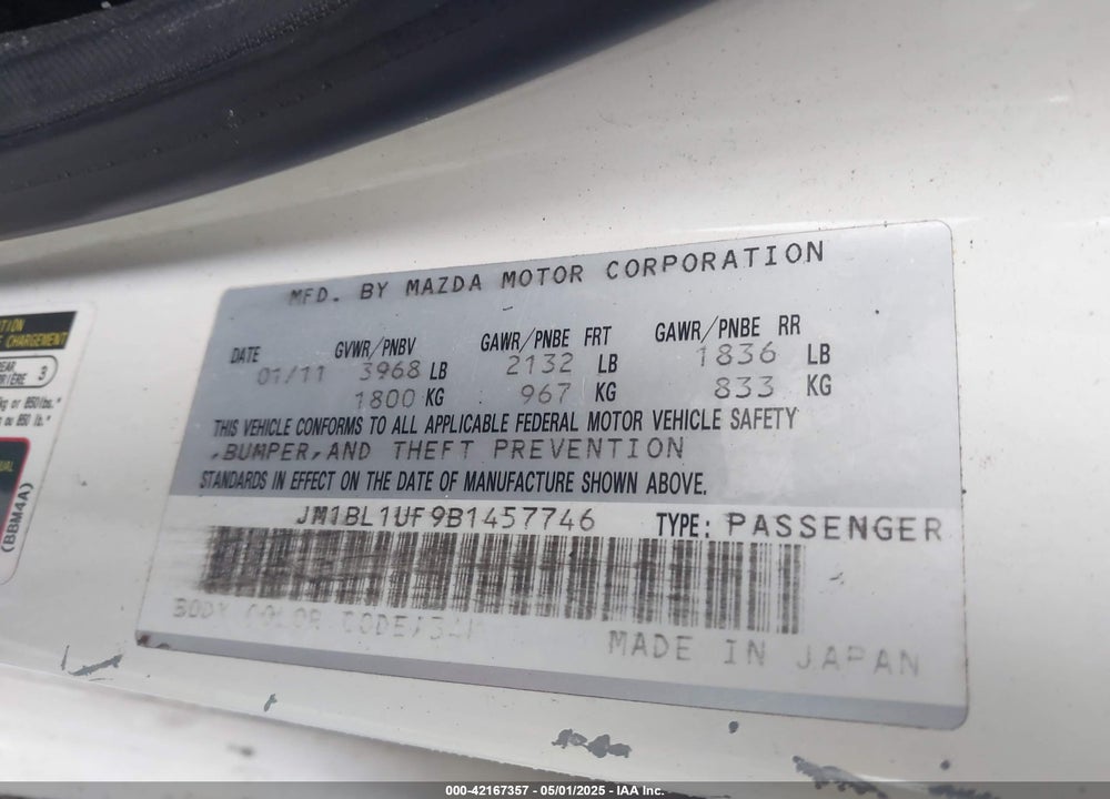 2011 MAZDA MAZDA3 VIN: JM1BL1UF9B1457746
