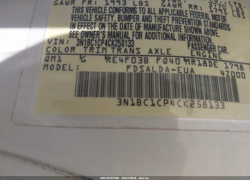 2012 NISSAN VERSA VIN: 3N1BC1CP4CK258133