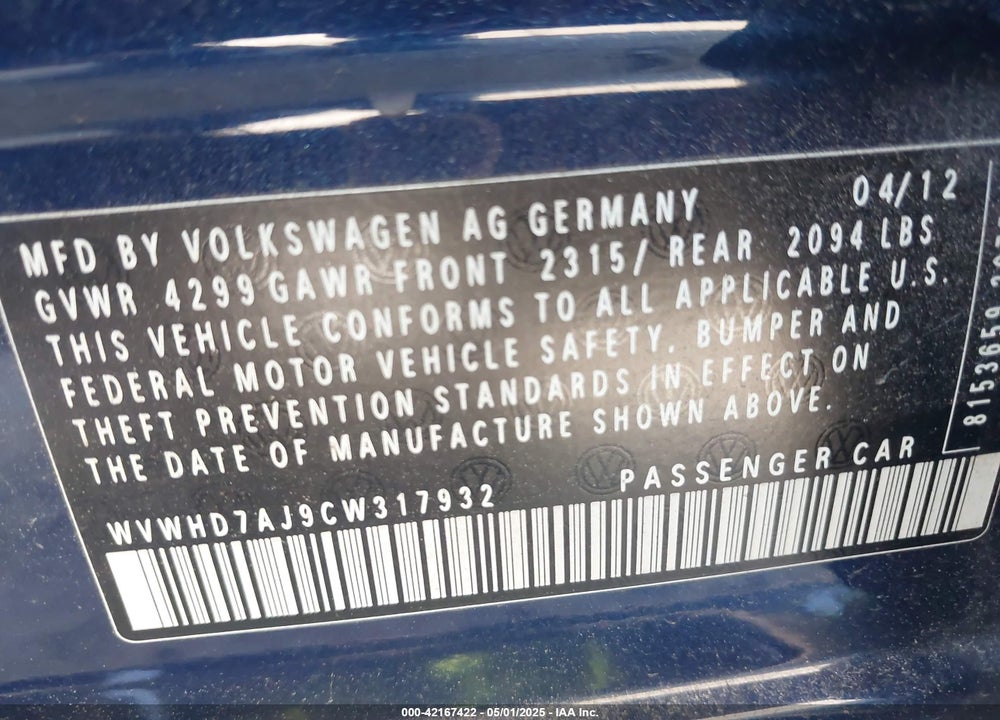 2012 VOLKSWAGEN GTI 4-DOOR VIN: WVWHD7AJ9CW317932