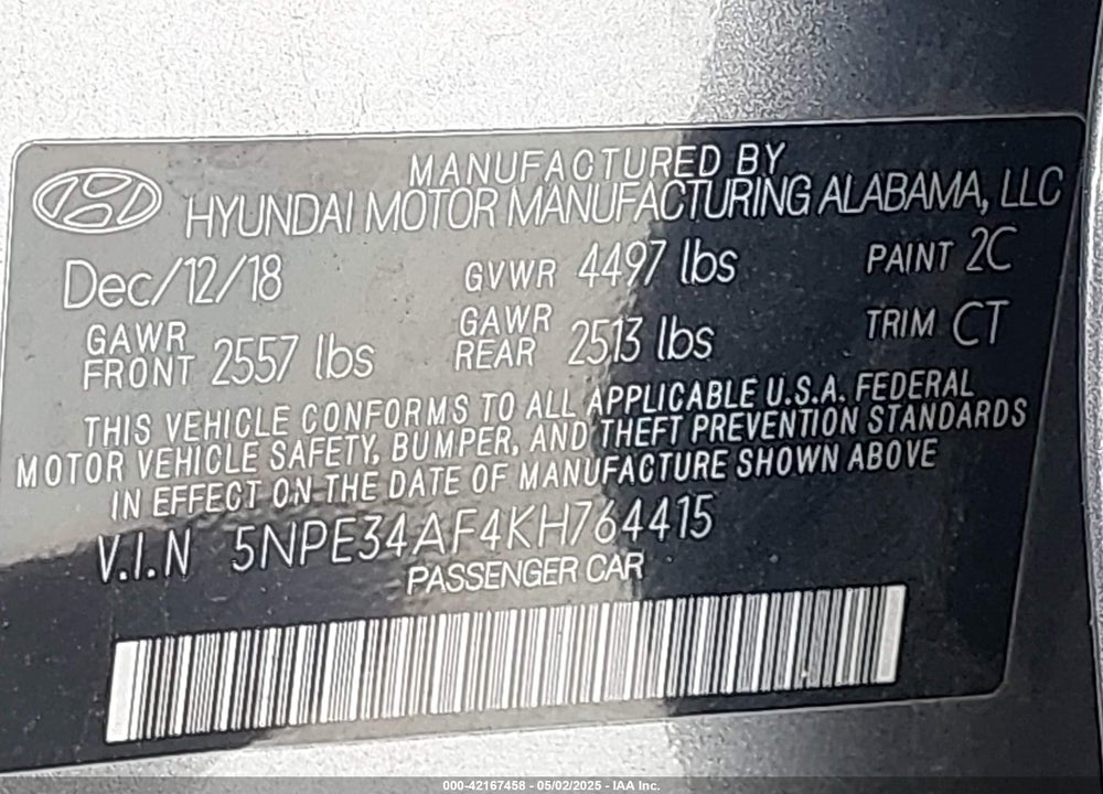 2019 HYUNDAI SONATA SEL VIN: 5NPE34AF4KH764415