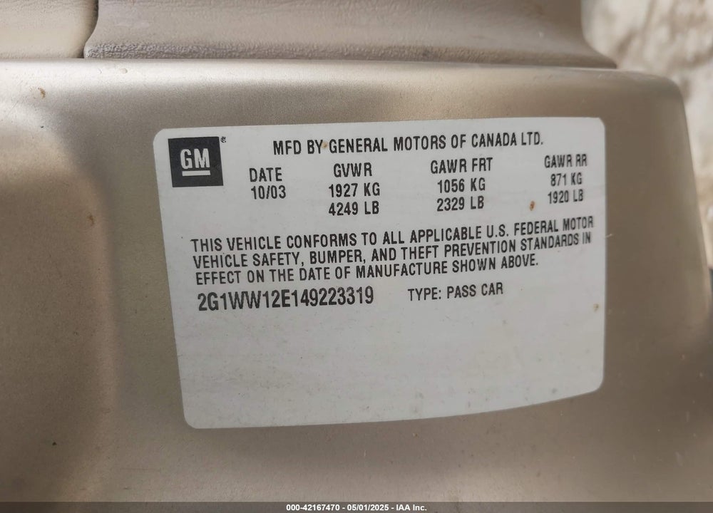 2004 CHEVROLET MONTE CARLO LS VIN: 2G1WW12E149223319