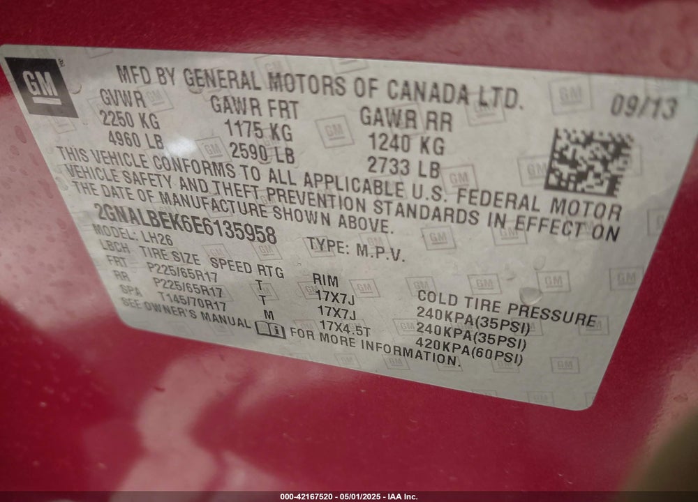 2014 CHEVROLET EQUINOX 1LT VIN: 2GNALBEK6E6135958
