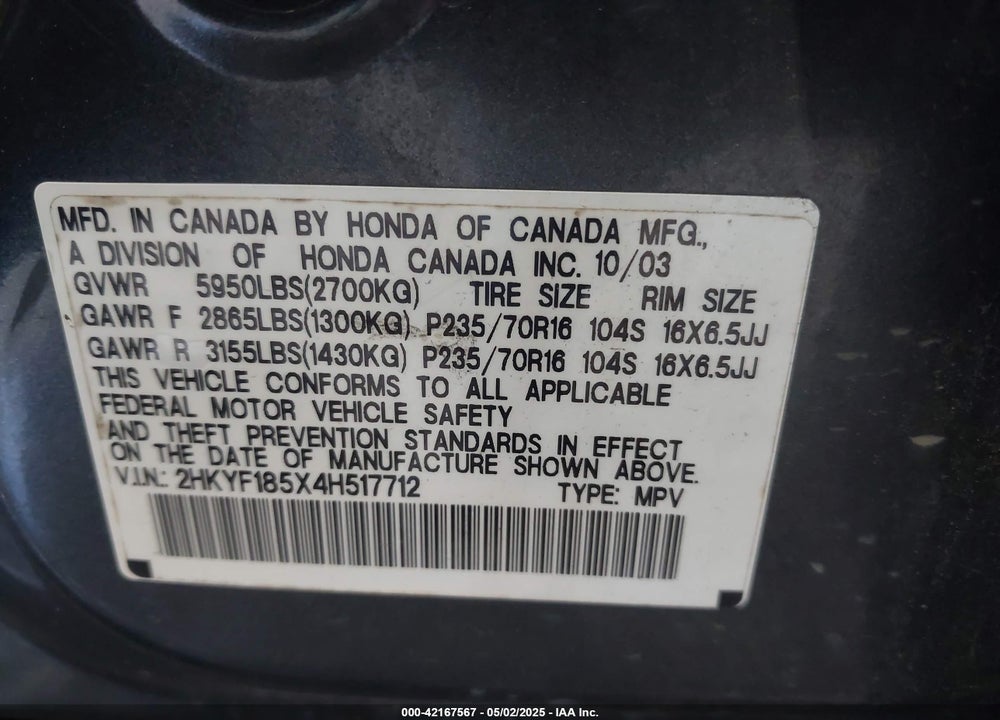 2004 HONDA PILOT EX-L VIN: 2HKYF185X4H517712