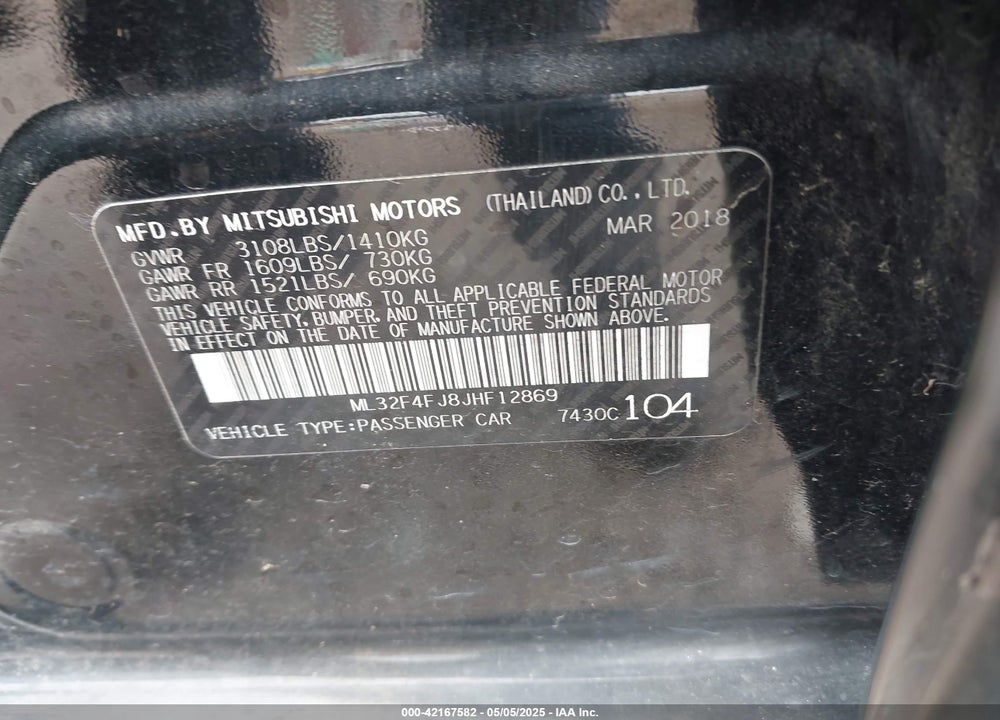 2018 MITSUBISHI MIRAGE G4 VIN: ML32F4FJ8JHF12869