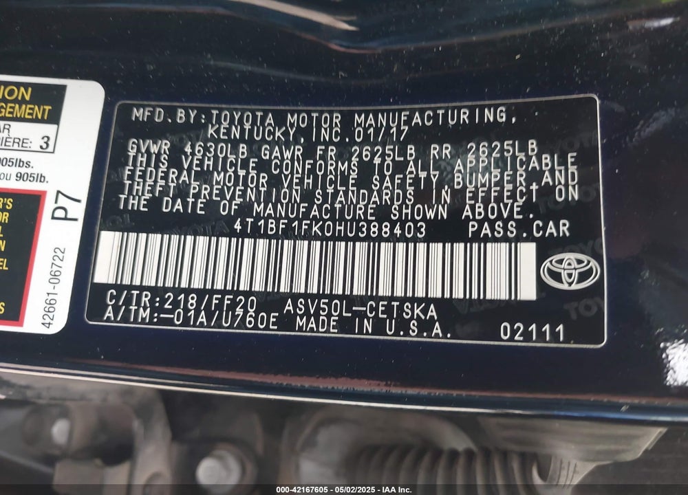 2017 TOYOTA CAMRY VIN: 4T1BF1FK0HU388403