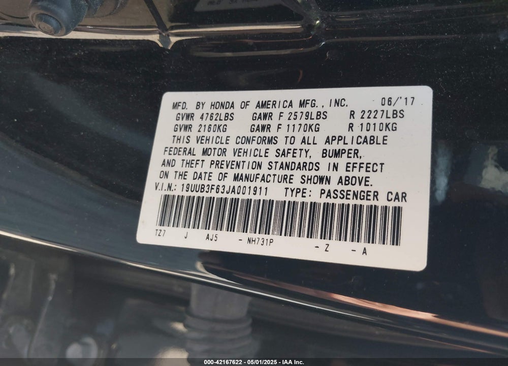 2018 ACURA TLX VIN: 19UUB3F63JA001911