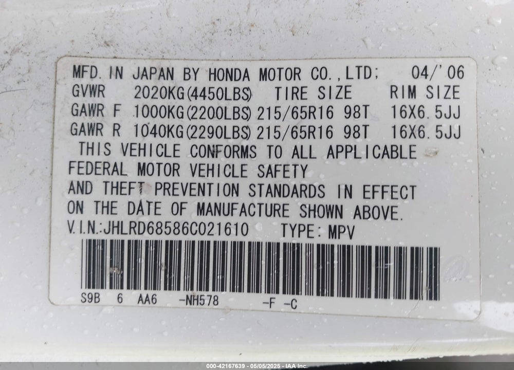 2006 HONDA CR-V VIN: JHLRD68586C021610