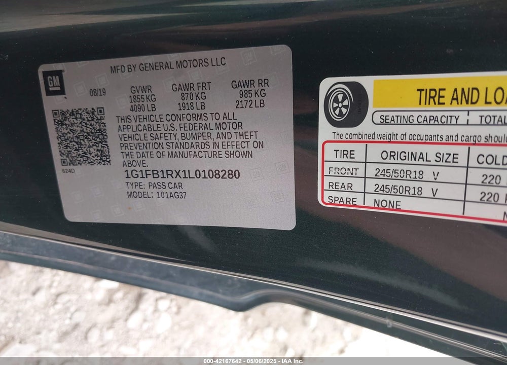 2020 CHEVROLET CAMARO VIN: 1G1FB1RX1L0108280
