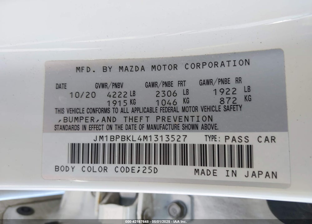 2021 MAZDA MAZDA3 HATCHBACK VIN: JM1BPBKL4M1313527