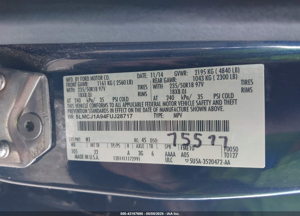 2015 LINCOLN MKC VIN: 5LMCJ1A94FUJ28717